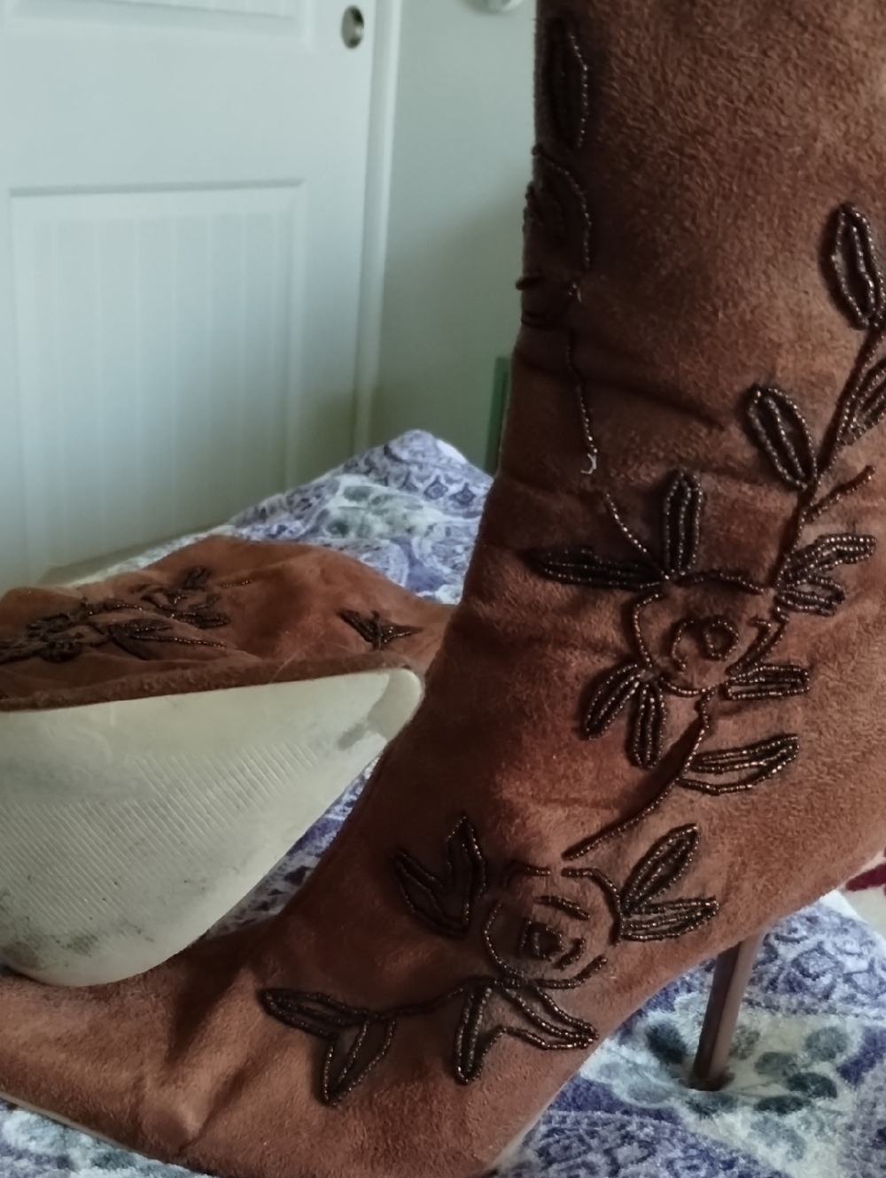 RedToo Brown  Faux Suede Embroidered Floral Stiletto Boots Size 8